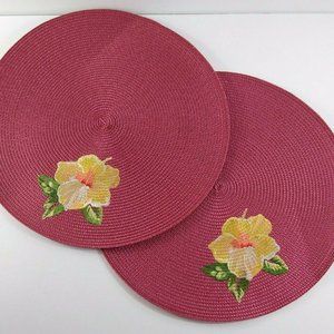 Vintage 2 Red Round Placemats W Hibiscus Flowers